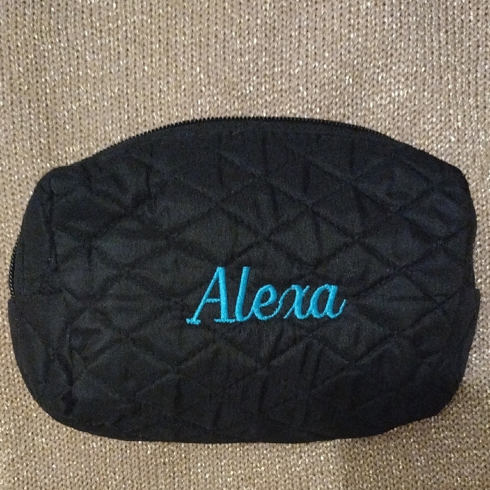 Black and Blue Quilted Cosmetic Bag with Embroidered Detail